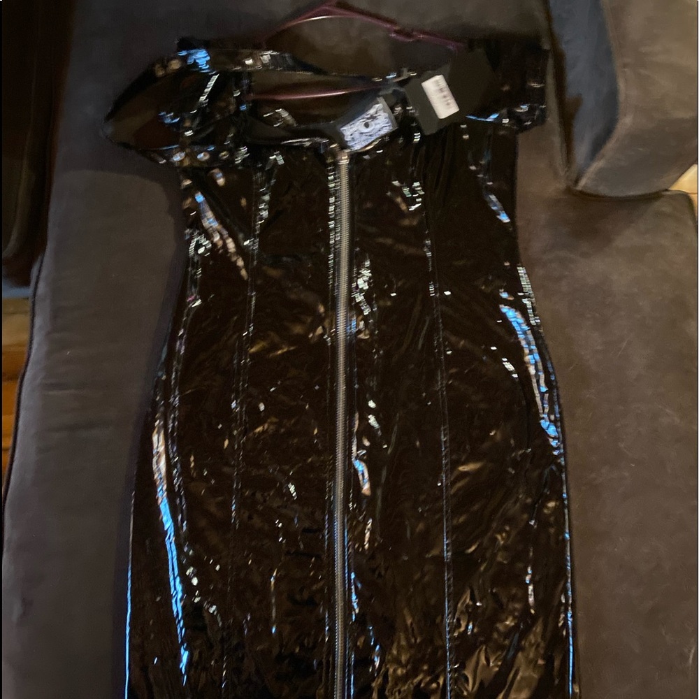 killstar lost souls bardot dress. patent leather/ pvc type of material.